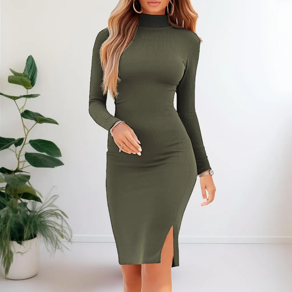 Women's Turtleneck Bodycon Dresses Casual Long Sleeve Side Slit Slim Fit Elegant Party Club Ribbed Knit Midi Date Dress