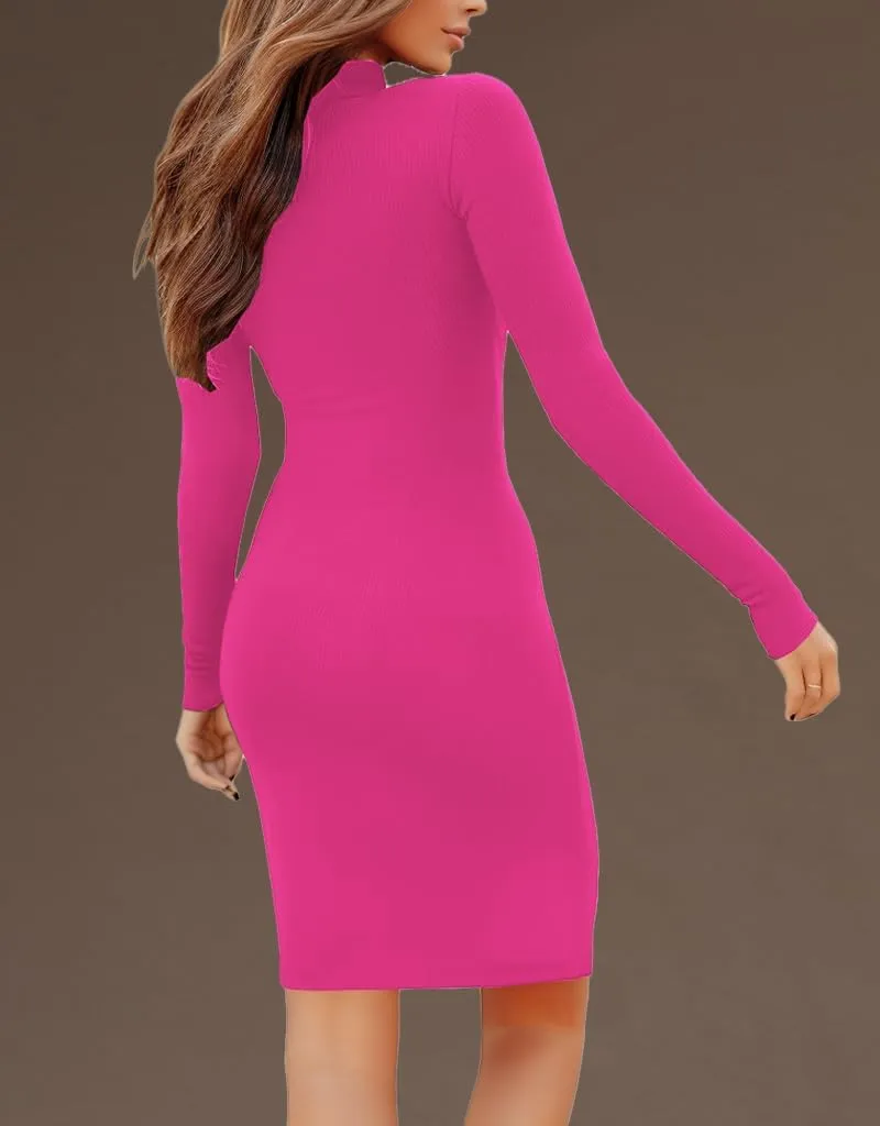 Women's Turtleneck Bodycon Dresses Casual Long Sleeve Side Slit Slim Fit Elegant Party Club Ribbed Knit Midi Date Dress